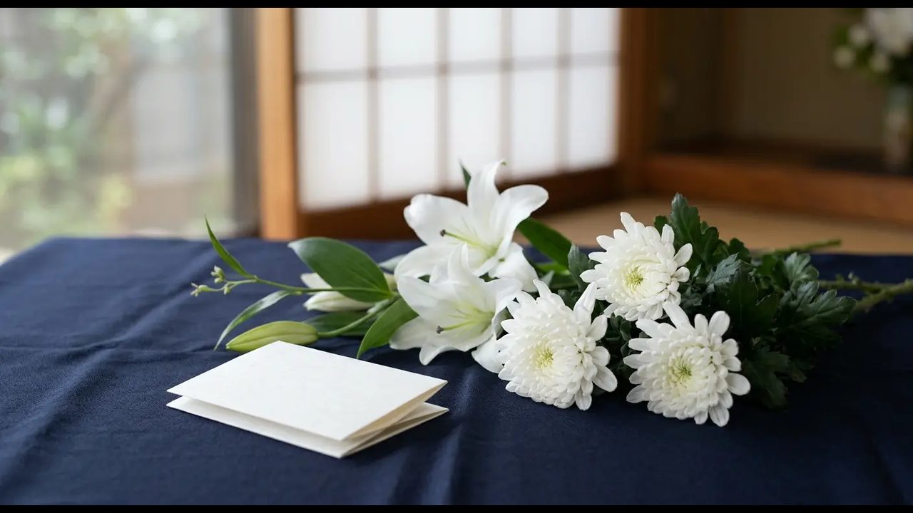 紺の布の上の白い百合と菊、白いカード